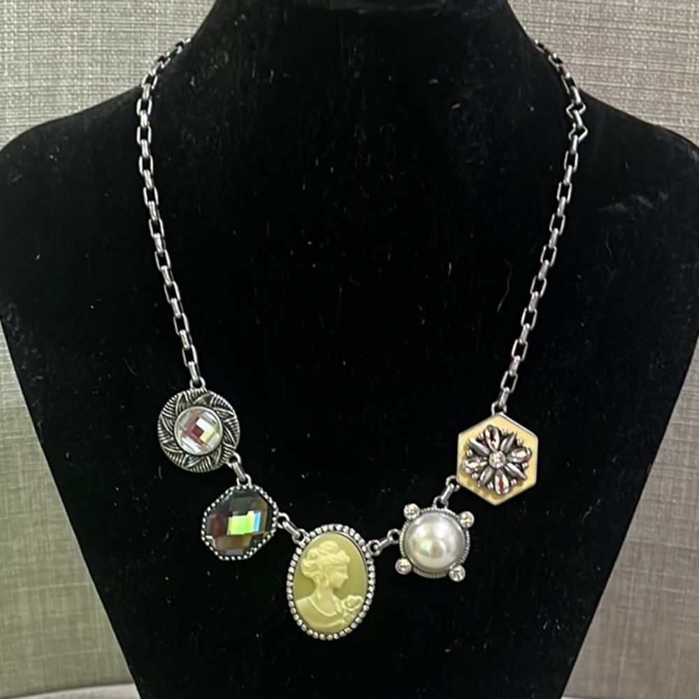 Lia Sophia Silver and Gold Necklace with Charms and Victorian centerpiece